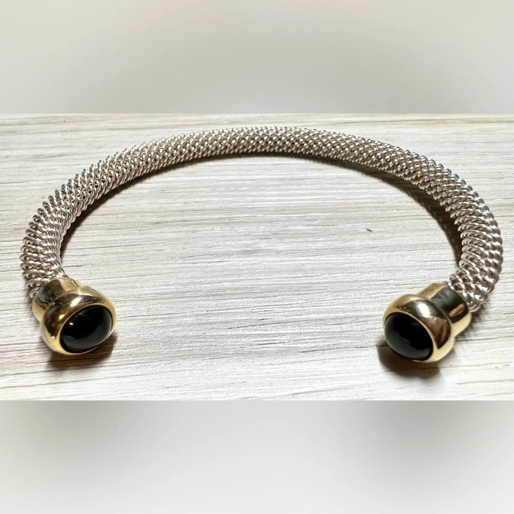Vintage Designer Sterling Silver & Gold Onyx Cabochon Tip Cuff Bracelet, 7" - Picture 6 of 10